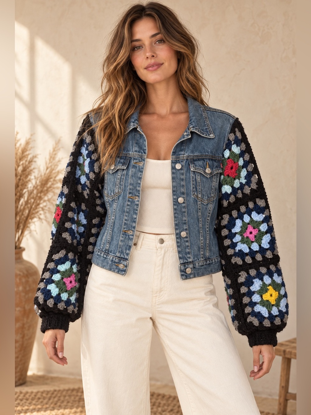 Roxy Crochet Sleeve Denim Jacket | Medium